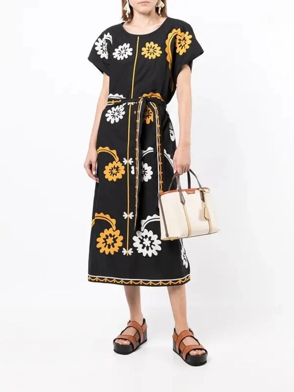 Tory Burch Embroidered Cotton Poplin Caftan Midi Dress Floral Black Gold White M